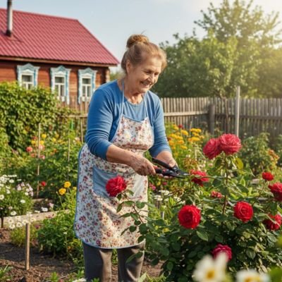 femme utilise Secateur pour couper rose rouge