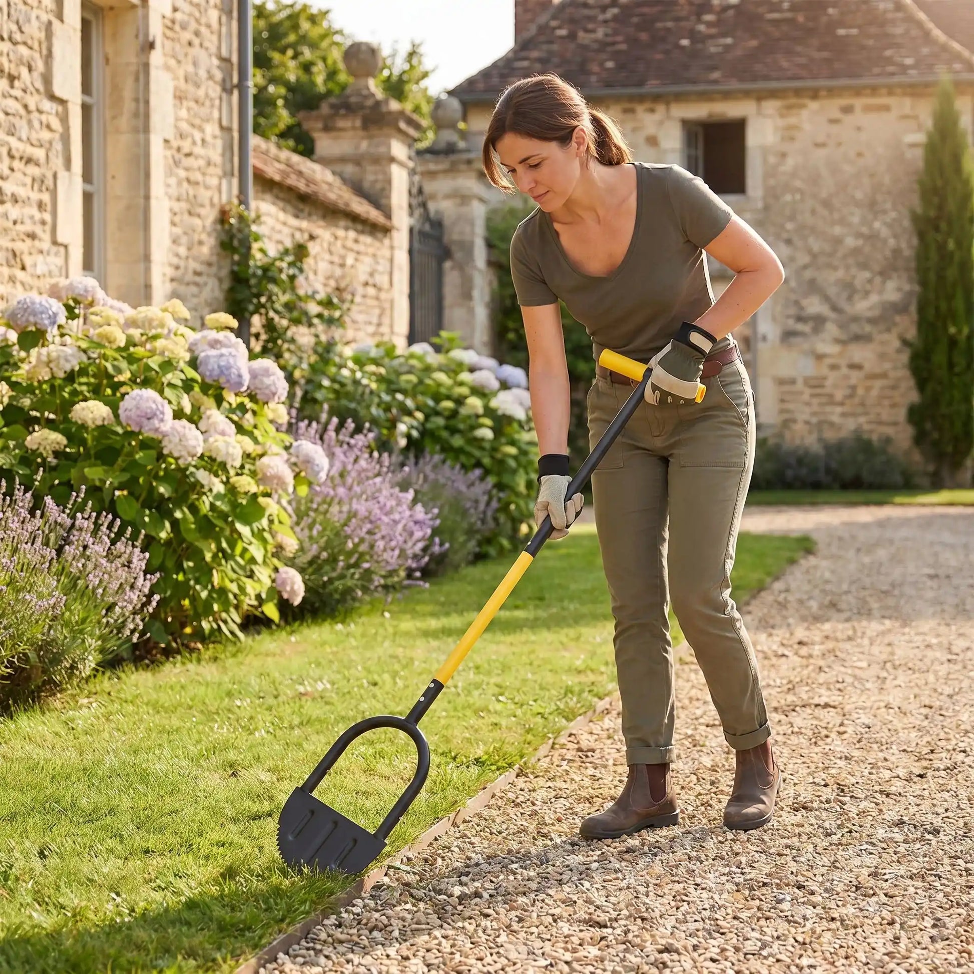 femme utilise taille bordure dans gazon