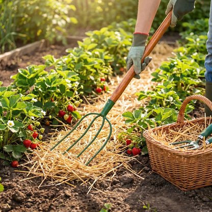 fourche à bêcher pour le foin entre fraises