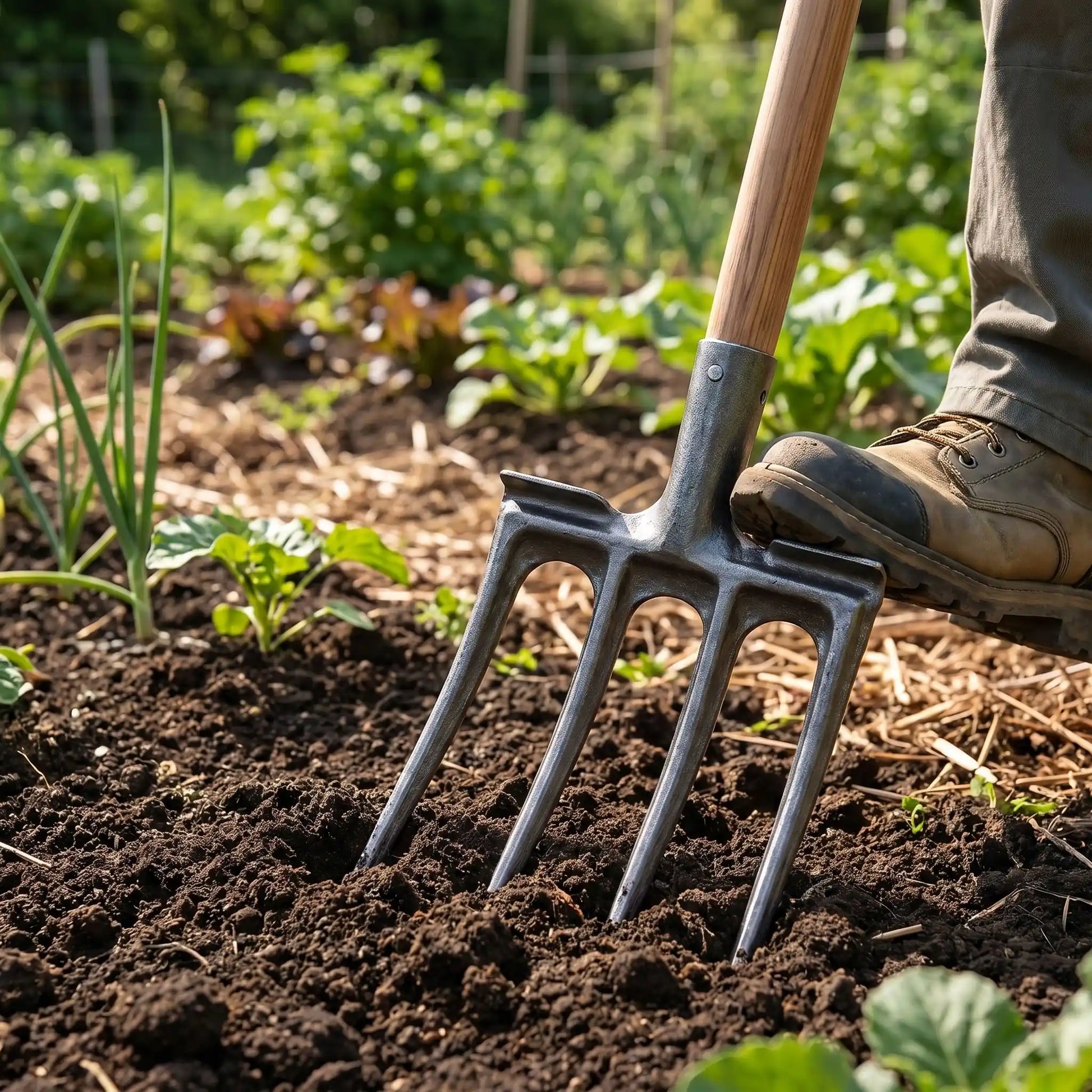 fourche beche 4 dents plante dans sol