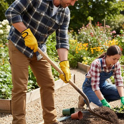 gant anti coupure utilise par homme qui jardine avec pelle