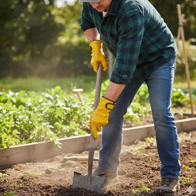 gant anti coupure utilisé par personne qui jardine  avec longue pelle