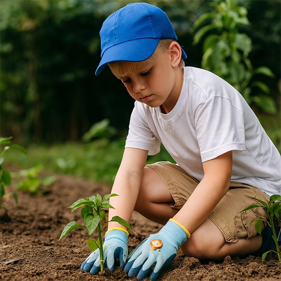 Gant de jardinage enfant qui met un en plante en terre