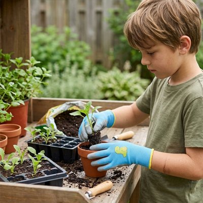 Gant jardinage enfant avec les mains dans la terre