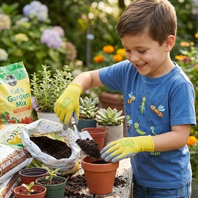 Gant jardinage enfant avec pelle qui ajoute de la terre au pot