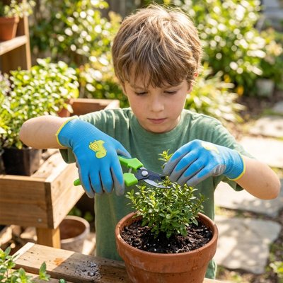 Gant jardinage enfant qui jardine une plante dans pot
