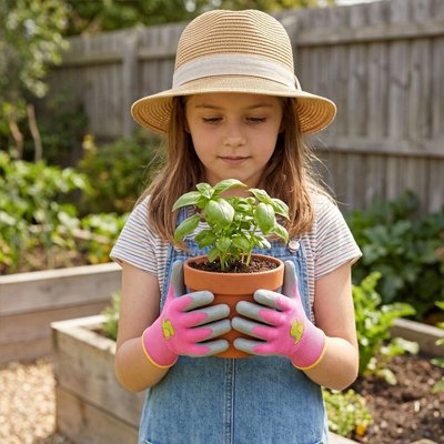 Gant jardinage enfant qui tient plante de basilic