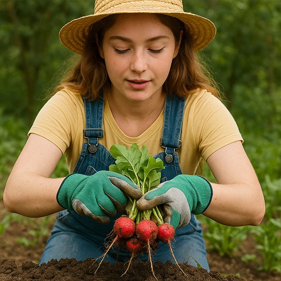 Gants de jardinage utilisé par femme et des radis dans les mains