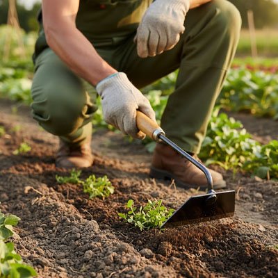 homme accroupie main avec gant tenant binette autre acôté sur genou binant sol jardin