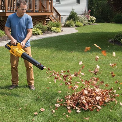 homme qui jardine avec Souffleur feuille sur terrain