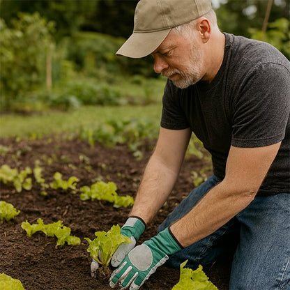 homme qui plante salade avec Gants de jardinage 