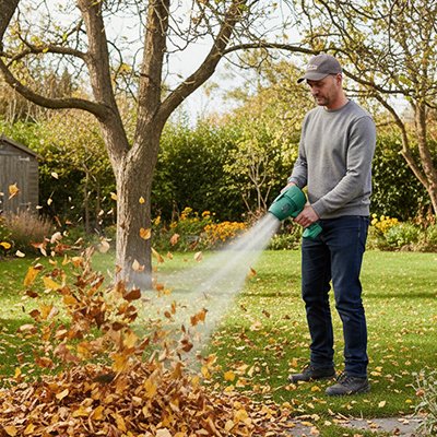 homme qui utilise Souffleur de feuilles sur son terrain