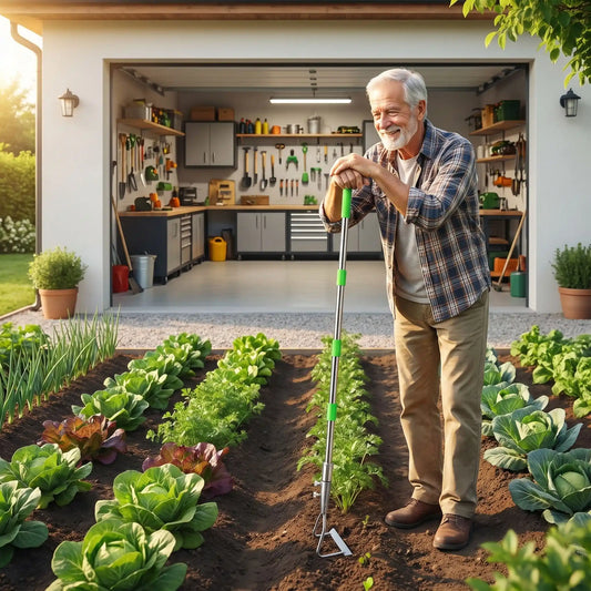 homme satisfait appuyer sur une houe de jardinage accote sol dans potager devant garage