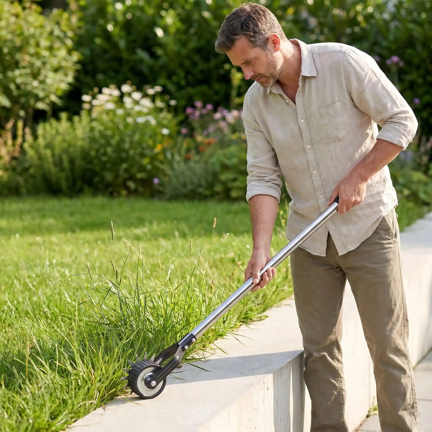 homme utilisant taille bordure rebord de ciment