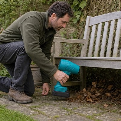 homme utilise Souffleur batterie sous un banc