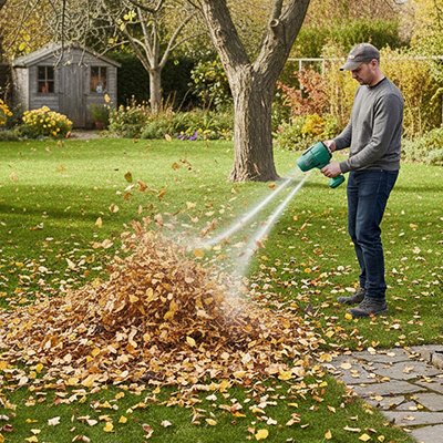 homme utilise Souffleur de feuilles avec tas de feuilles au sol