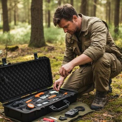 jardinier accroupi devant Boite a outils ouverte avec outils dedans 