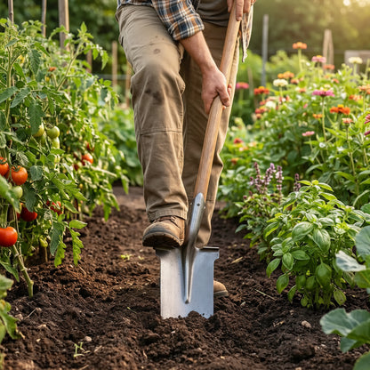 jardinier qui enfonce bêche dans terre
