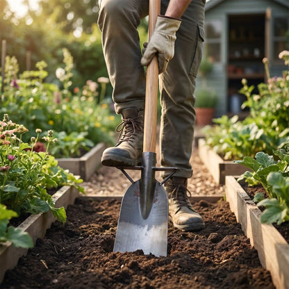 jardinier utilisant bêche dans jardin