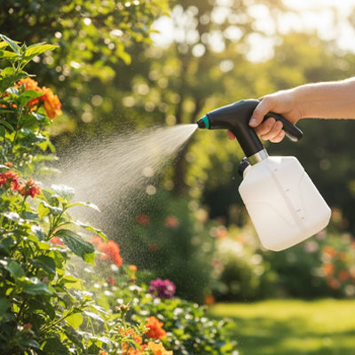 main arrosant plante fleuri avec pulverisateur electrique