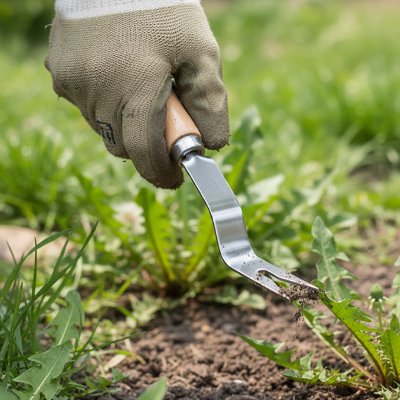 main ganté qui utilise son arrache mauvaise herbe