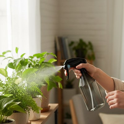 main qui utilise Pulverisateur sur plantes déposées sur table devant fenêtre