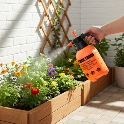 main tenant pulverisateur orange  et noir arrosant fleur plate bande