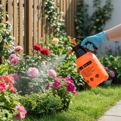 main tenant pulverisateur orange  et noir arrosant rosier