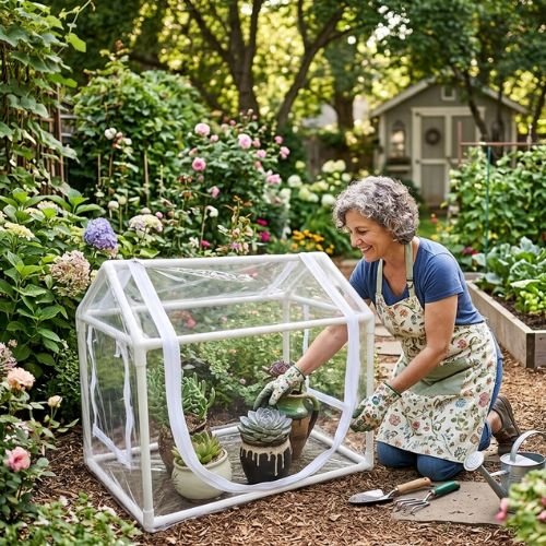 Mini serre de jardin utilisé par femme accroupie