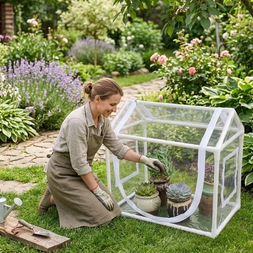 Mini serre de jardin utilisé par femme par la grande entrée