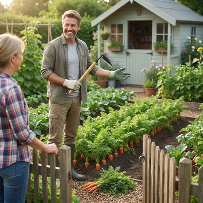 outils de jardinage binette tenu homme terminant desherber entre rangs carottes