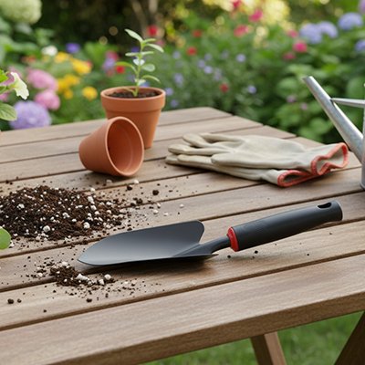 pelle jardinage déposé sur table avec peu terre