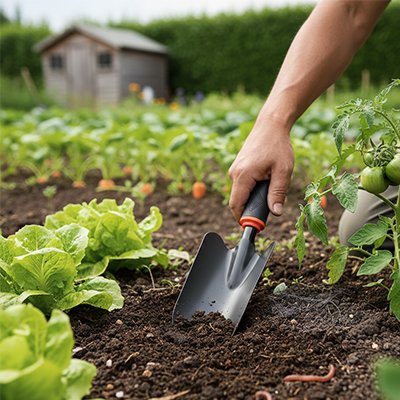 pelle jardinage planté dans terre près rang laitue