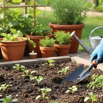 pelle-jardinage-planté-dans terre-près-jeunes-plantes