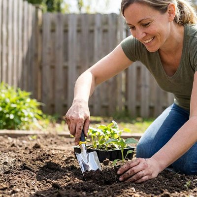 Pelle jardinage utilisé par femme dans carré de jardin