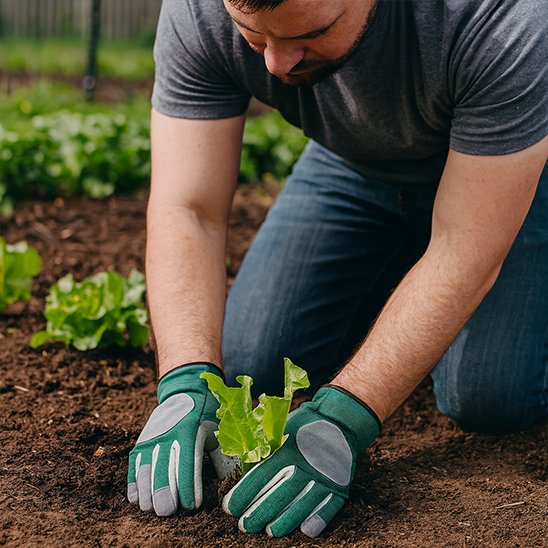 personne agenouillé qui plante jeune plante avec Gants de jardinage 