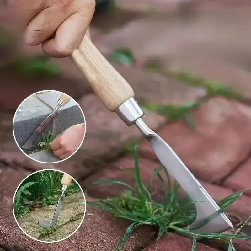 personne qui jardine avec couteau désherbeur