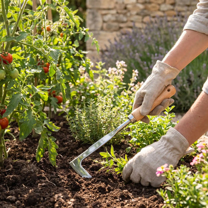 personne qui jardine avec couteau désherbeur