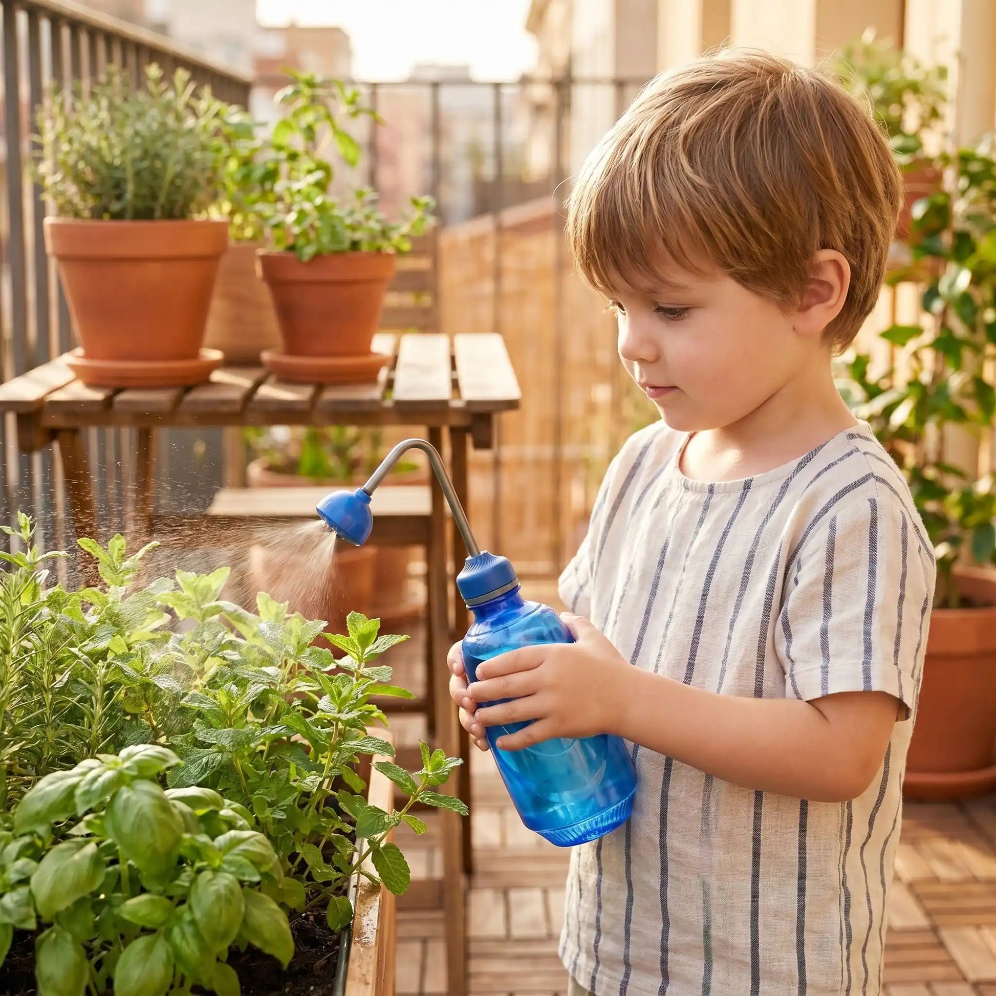 petit pulverisateur a main bleu utilise par enfant fines  herbes sur balcon
