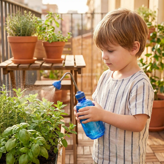 petit pulverisateur a main bleu utilise par enfant fines  herbes sur balcon