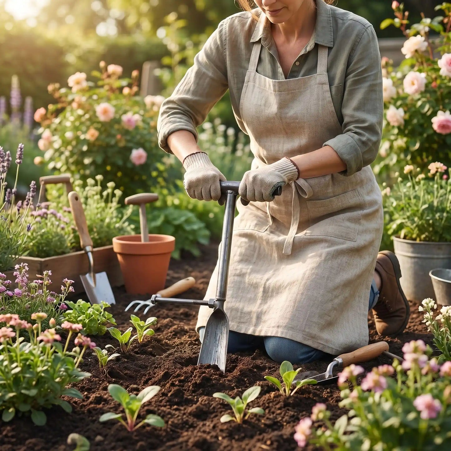 petite jardinage bêche utiliser par femme agenouillée