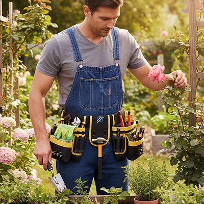 porte outils ceinture entourant taille homme plusieurs outils près rosier