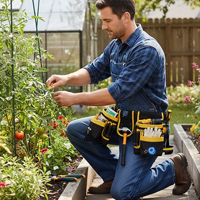 porte outils ceinture sur taille homme jardine sur plant tomate