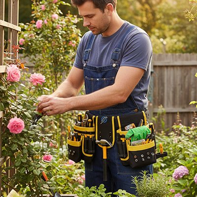 porte outils ceinture sur taille homme jardine sur rosier