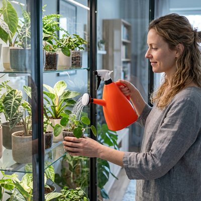pulverisateur et arrosoir rouge utilisé par femme sur plantes