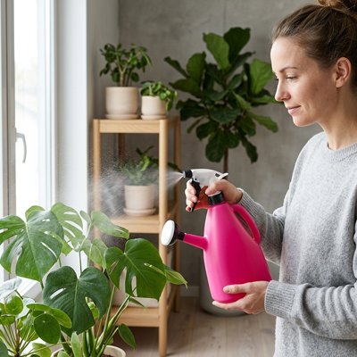 pulverisateur rose utilisé par femme sur plante