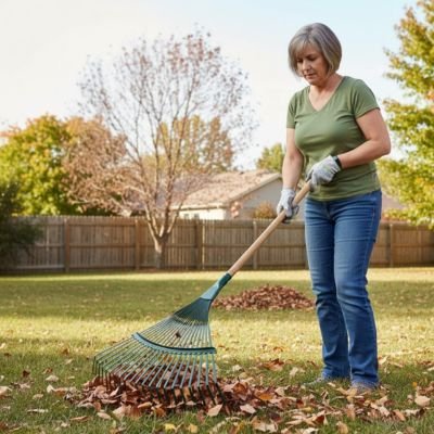 Rateau a feuille femme racle feuilles sur grand terrain cloturé