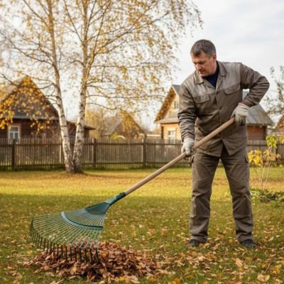 Rateau a feuille homme racle feuilles sur grand terrain cloturé