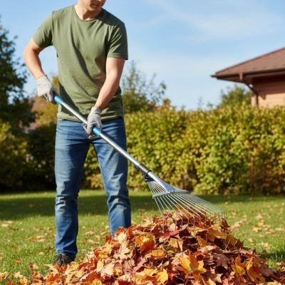 rateau a feuilles utilisé par homme avec des feuilles amassé en petite montagne