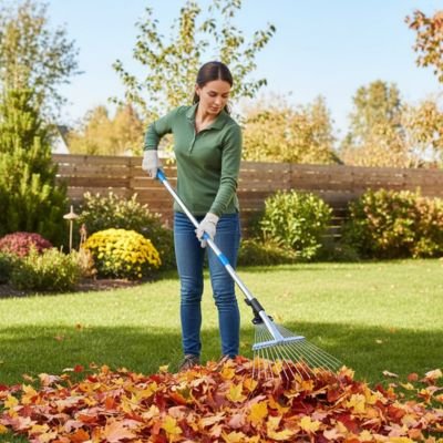 rateau  a feuilles utiliser par femme cour clôturer